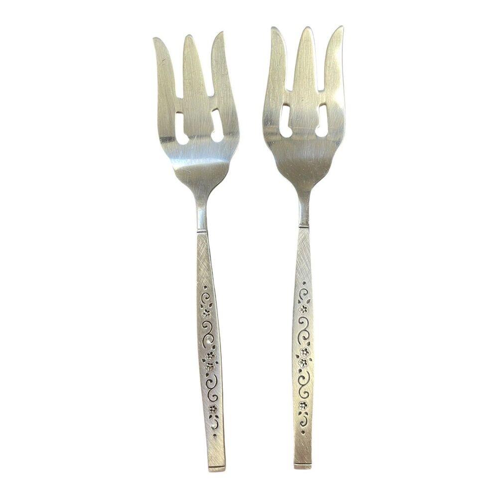Vintage‎ Oneida Ltd GENOA Stainless Serving Fork Set Of 2 Floral MCM Made In USA
